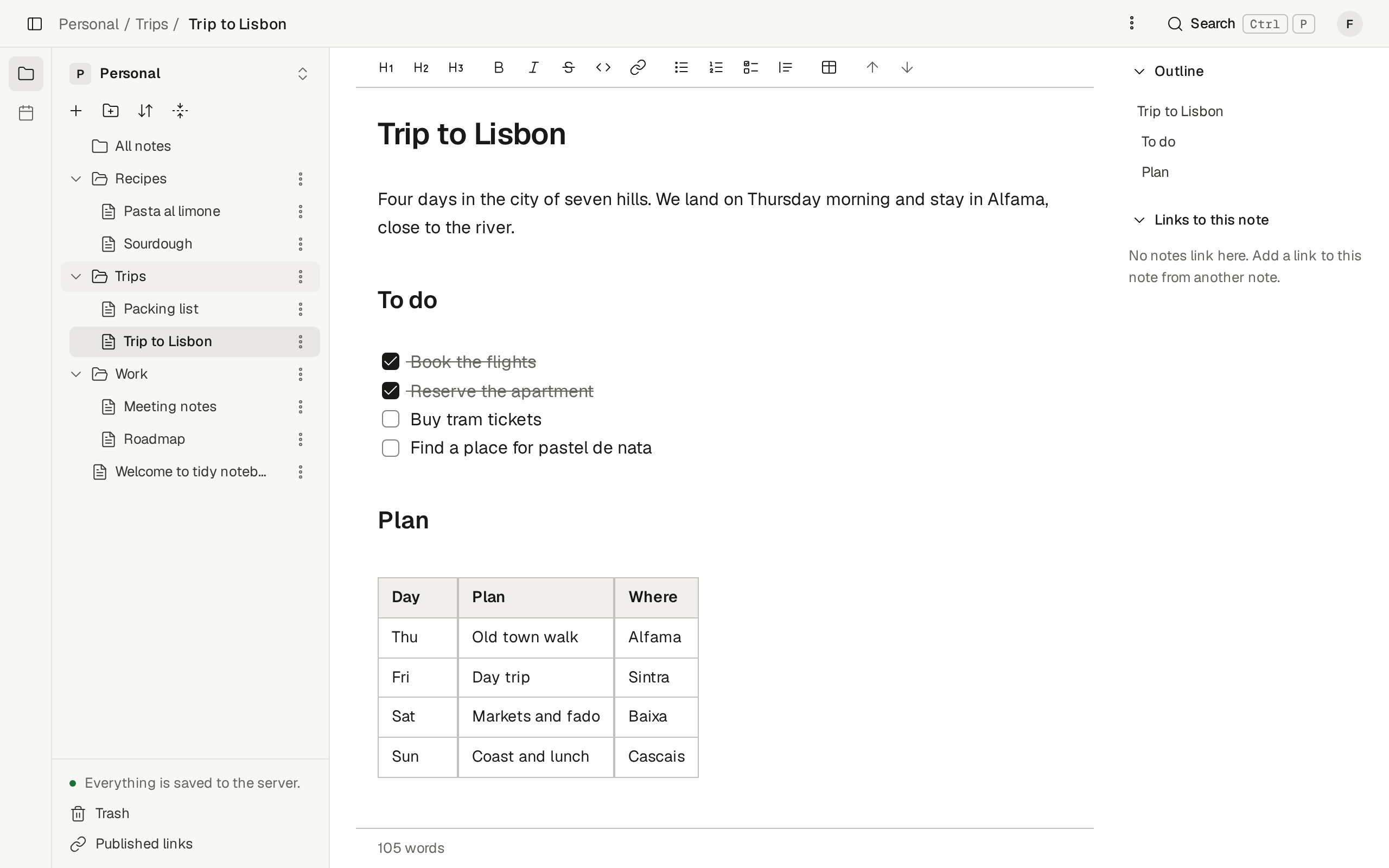 The real tidy notebook app with the Trip to Lisbon sample note.